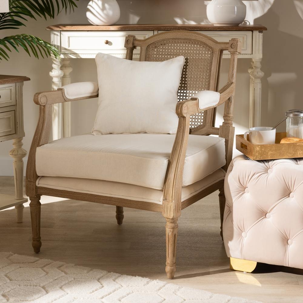 Clemence French Provincial Ivory Fabric Upholstered Whitewashed Wood Armchair FredCo