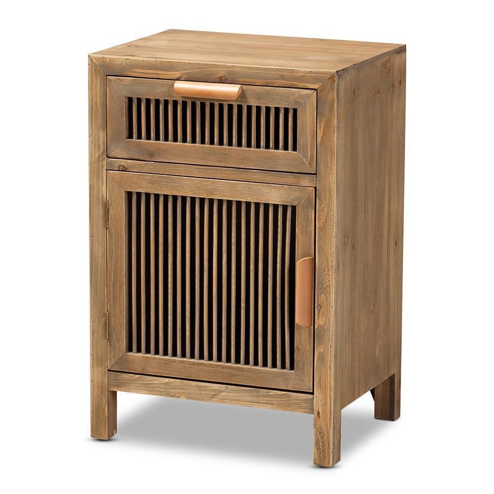 Clement Rustic Transitional Medium Oak Finished 1-Door and 1-Drawer Wood Spindle Nightstand FredCo