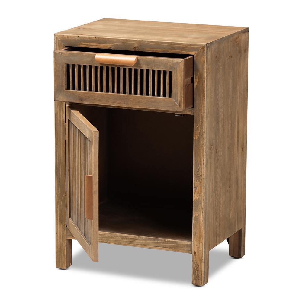Clement Rustic Transitional Medium Oak Finished 1-Door and 1-Drawer Wood Spindle Nightstand FredCo