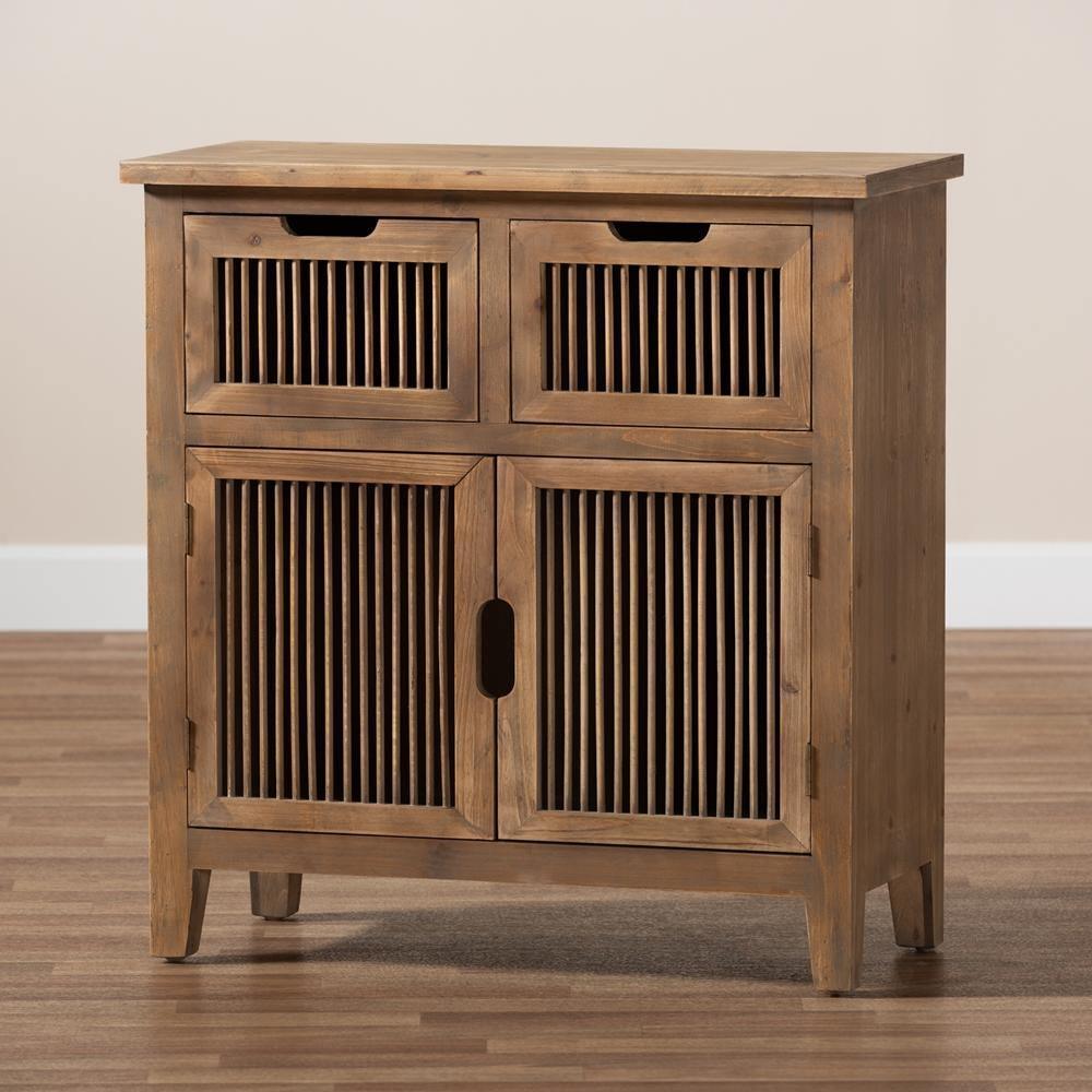 Clement Rustic Transitional Medium Oak Finished 2-Door and 2-Drawer Wood Spindle Accent Storage Cabinet FredCo