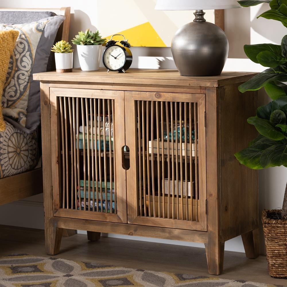 Clement Rustic Transitional Medium Oak Finished 2-Door Wood Spindle Accent Storage Cabinet FredCo