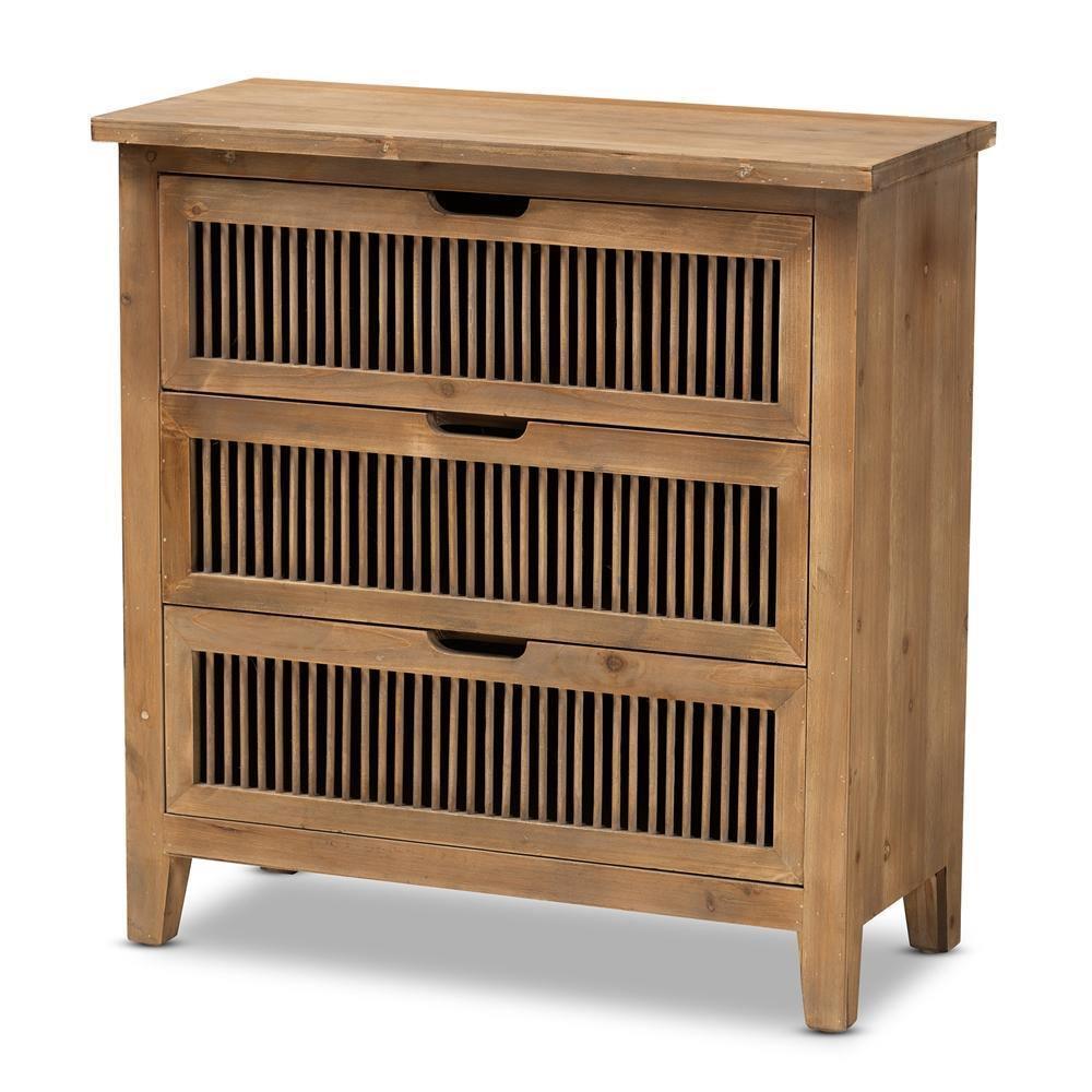 Clement Rustic Transitional Medium Oak Finished 3-Drawer Wood Spindle Storage Cabinet FredCo