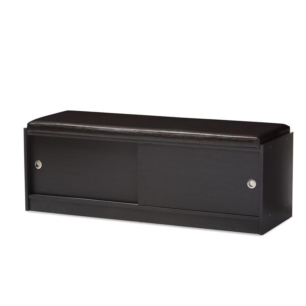 Clevedon Modern and Contemporary Dark Brown Wood Entryway Storage Cushioned Bench Shoe Rack Cabinet Organizer FredCo
