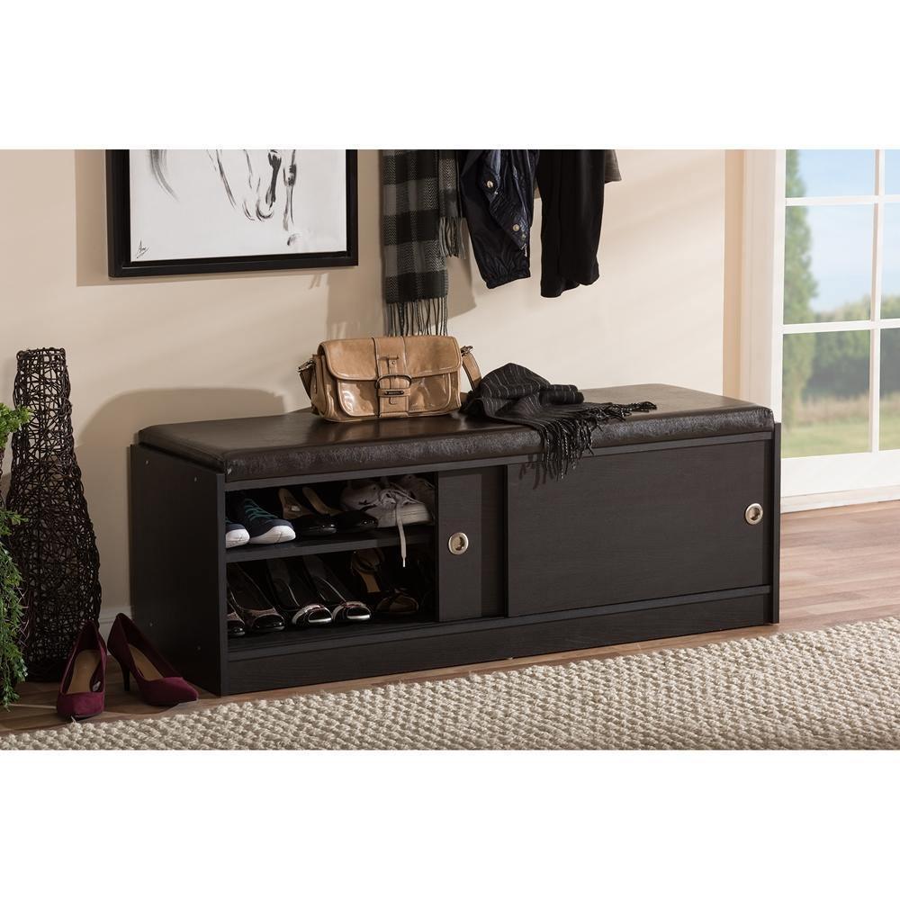 Clevedon Modern and Contemporary Dark Brown Wood Entryway Storage Cushioned Bench Shoe Rack Cabinet Organizer FredCo