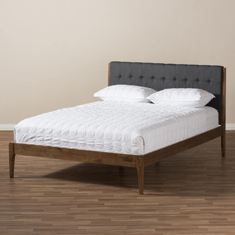 Clifford Mid-Century Dark Grey Fabric and Medium Brown Finish Wood King Size Platform Bed FredCo