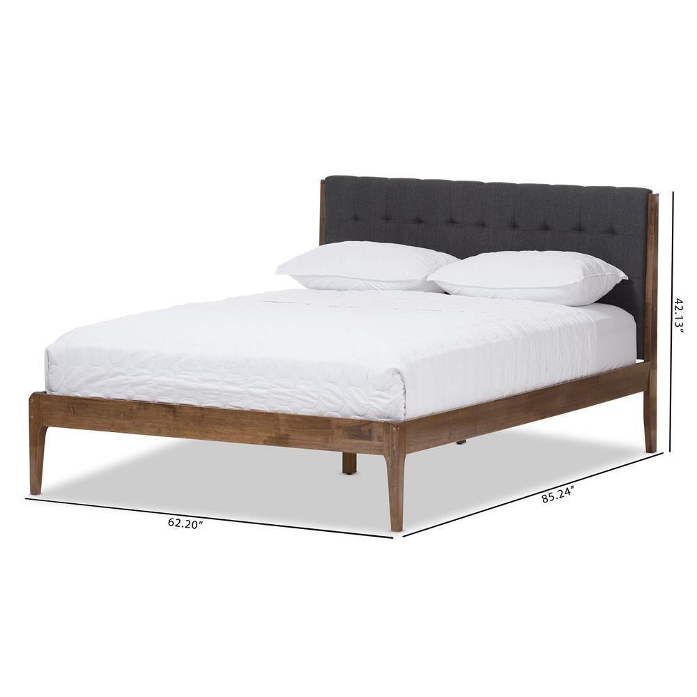 Clifford Mid-Century Dark Grey Fabric and Medium Brown Finish Wood King Size Platform Bed FredCo