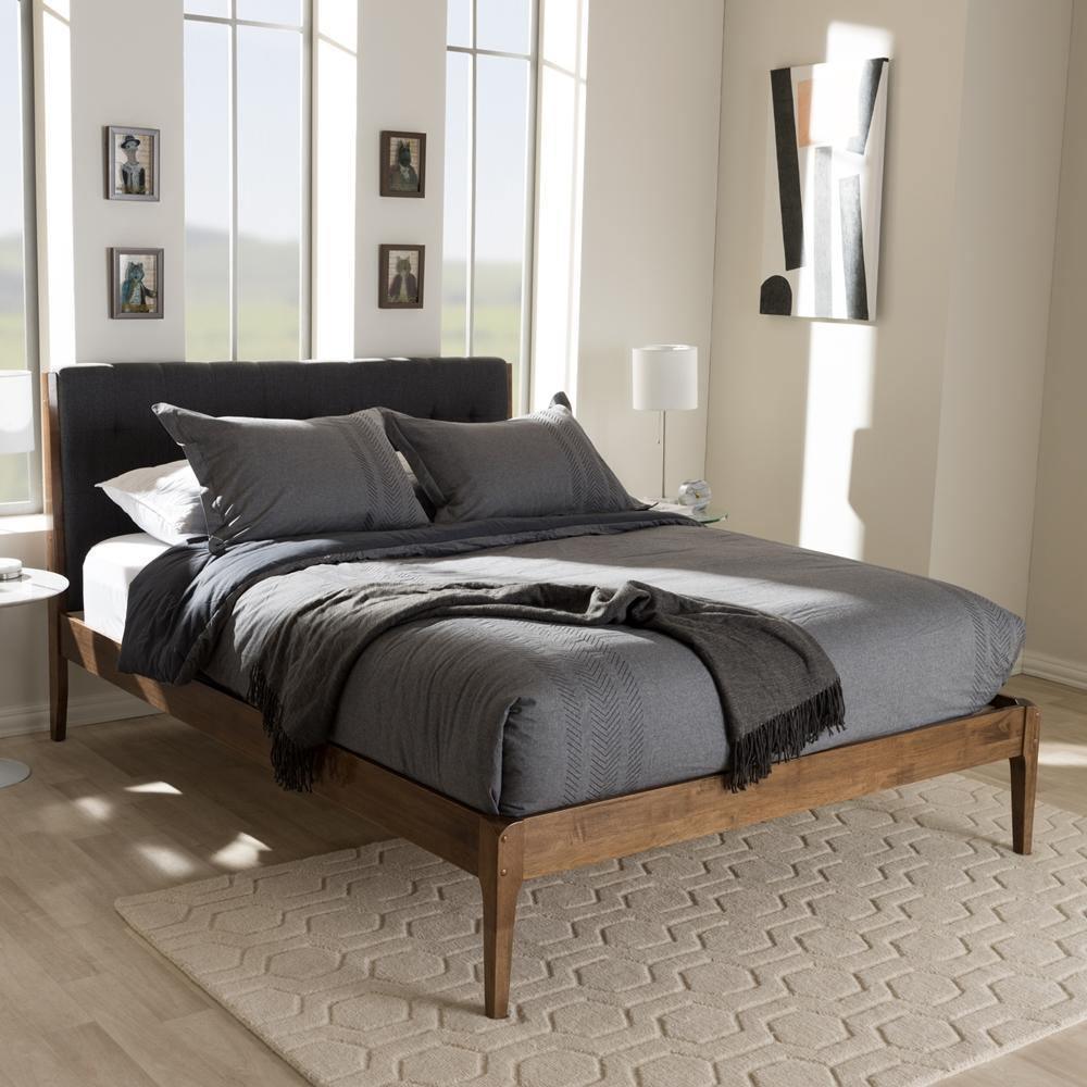 Clifford Mid-Century Dark Grey Fabric and Medium Brown Finish Wood Queen Size Platform Bed FredCo