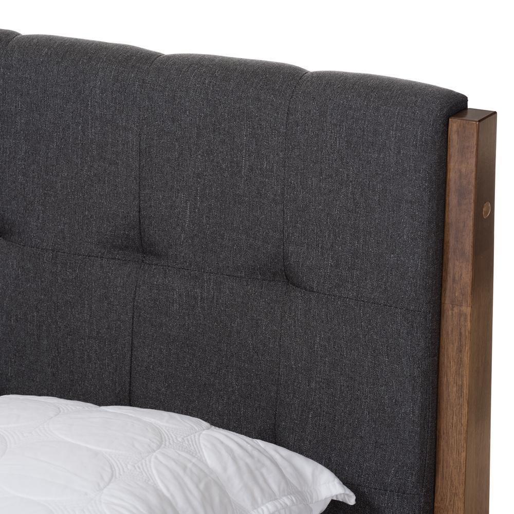 Clifford Mid-Century Dark Grey Fabric and Medium Brown Finish Wood Queen Size Platform Bed FredCo