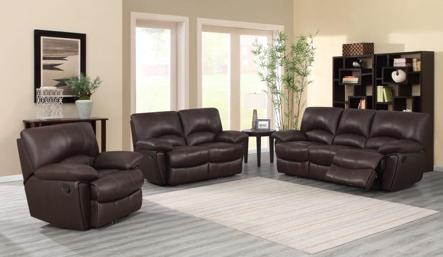 Clifford Upholstered Pillow Top Arm Living Room Set Chocolate Brown 600281-S3 Coaster FredCo