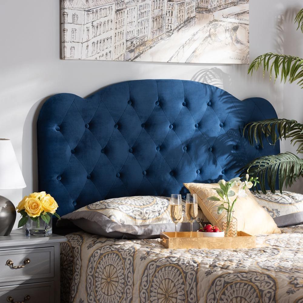 Clovis Modern and Contemporary Navy Blue Velvet Fabric Upholstered Queen Size Headboard FredCo