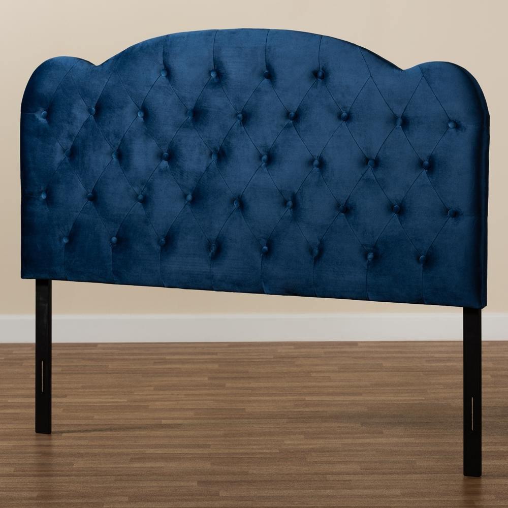 Clovis Modern and Contemporary Navy Blue Velvet Fabric Upholstered Queen Size Headboard FredCo
