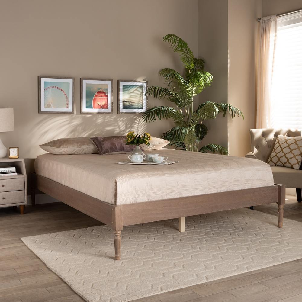 Colette French Bohemian Antique Oak Finished Wood Queen Size Platform Bed Frame FredCo