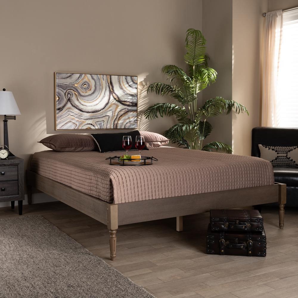 Colette French Bohemian Weathered Grey Oak Finished Wood Queen Size Platform Bed Frame FredCo