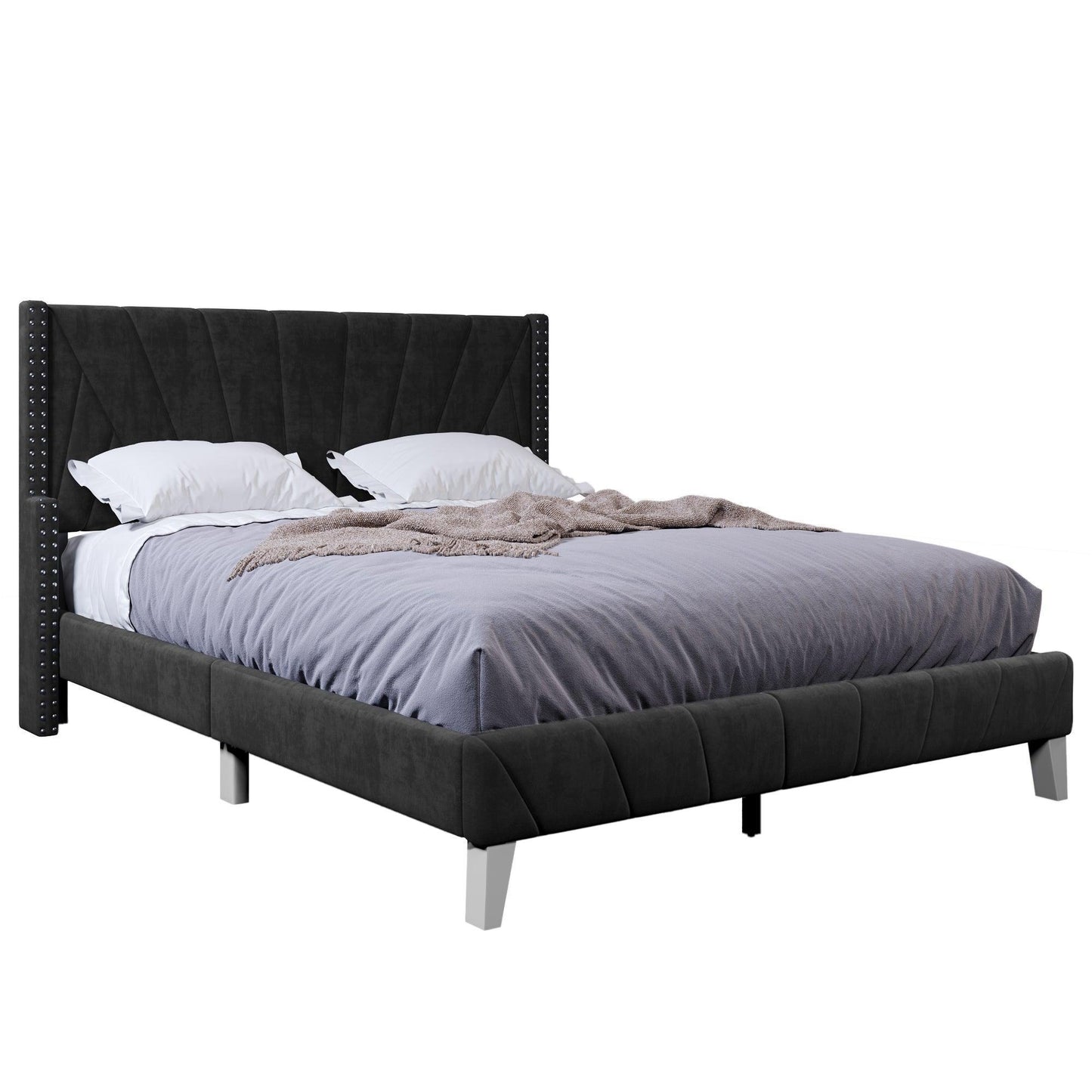 Contemporary Velvet Upholstered Bed Frame with Channel Tufting and Nailhead Trim, Queen, Black FredCo