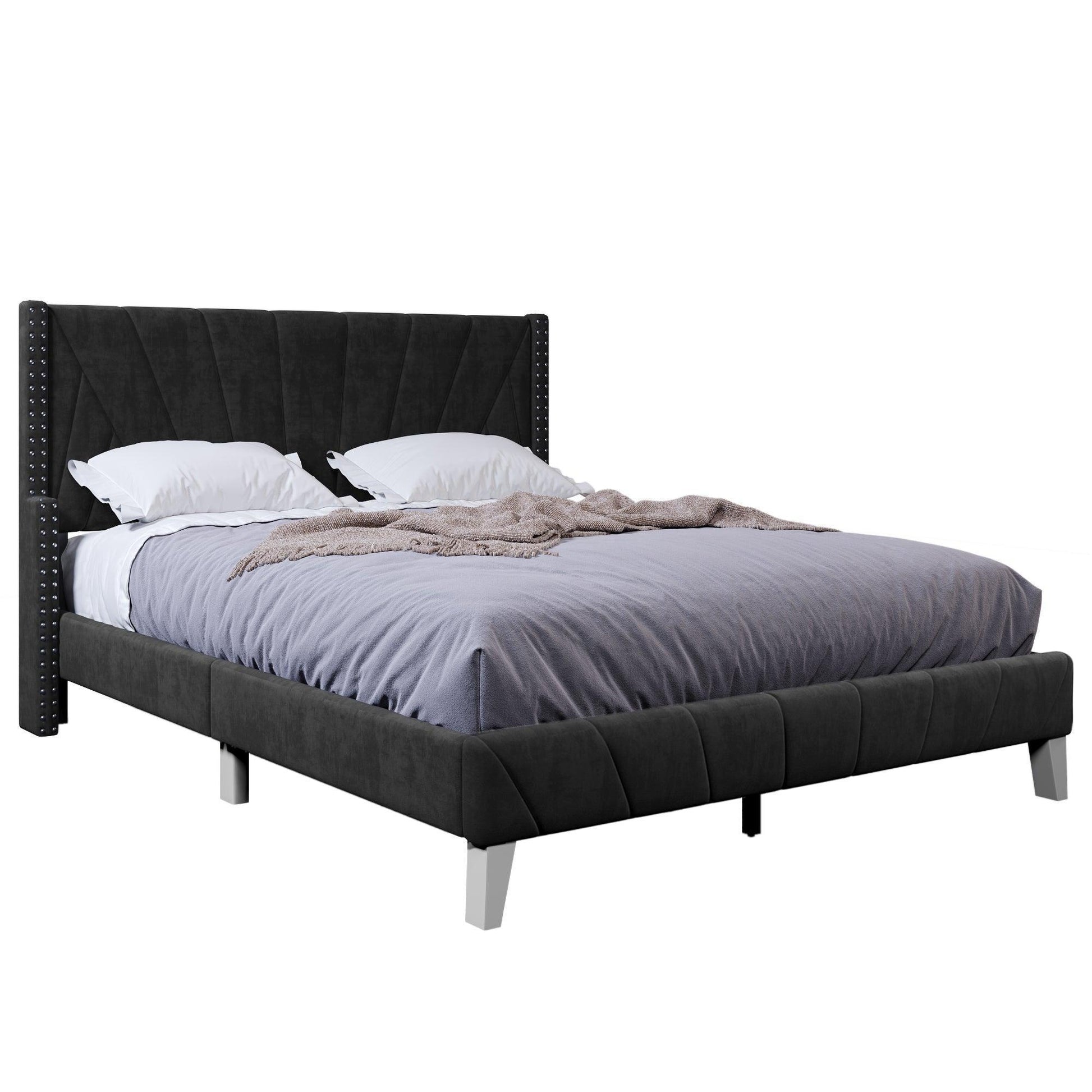 Contemporary Velvet Upholstered Bed Frame with Channel Tufting and Nailhead Trim, Queen, Black FredCo