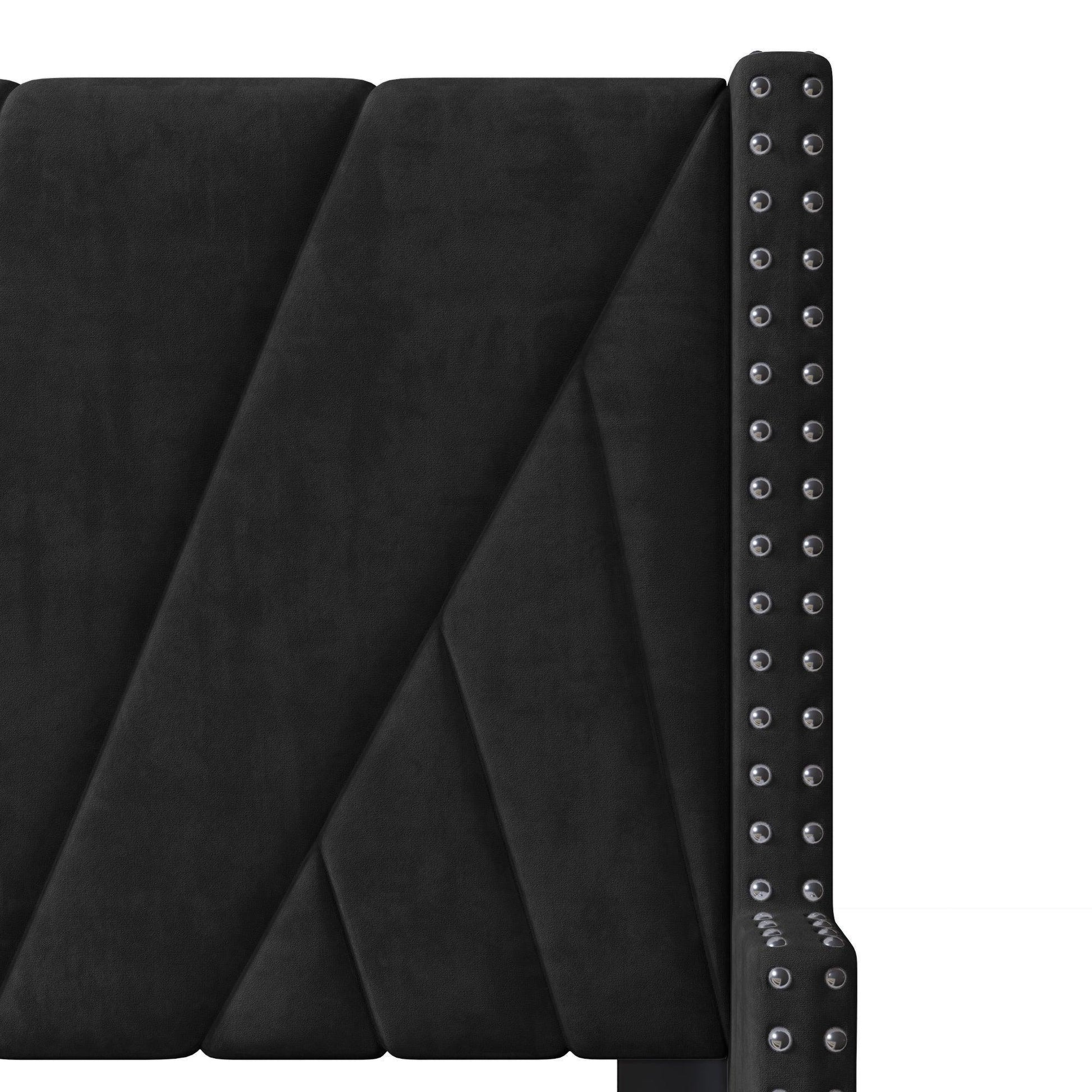 Contemporary Velvet Upholstered Bed Frame with Channel Tufting and Nailhead Trim, Queen, Black FredCo