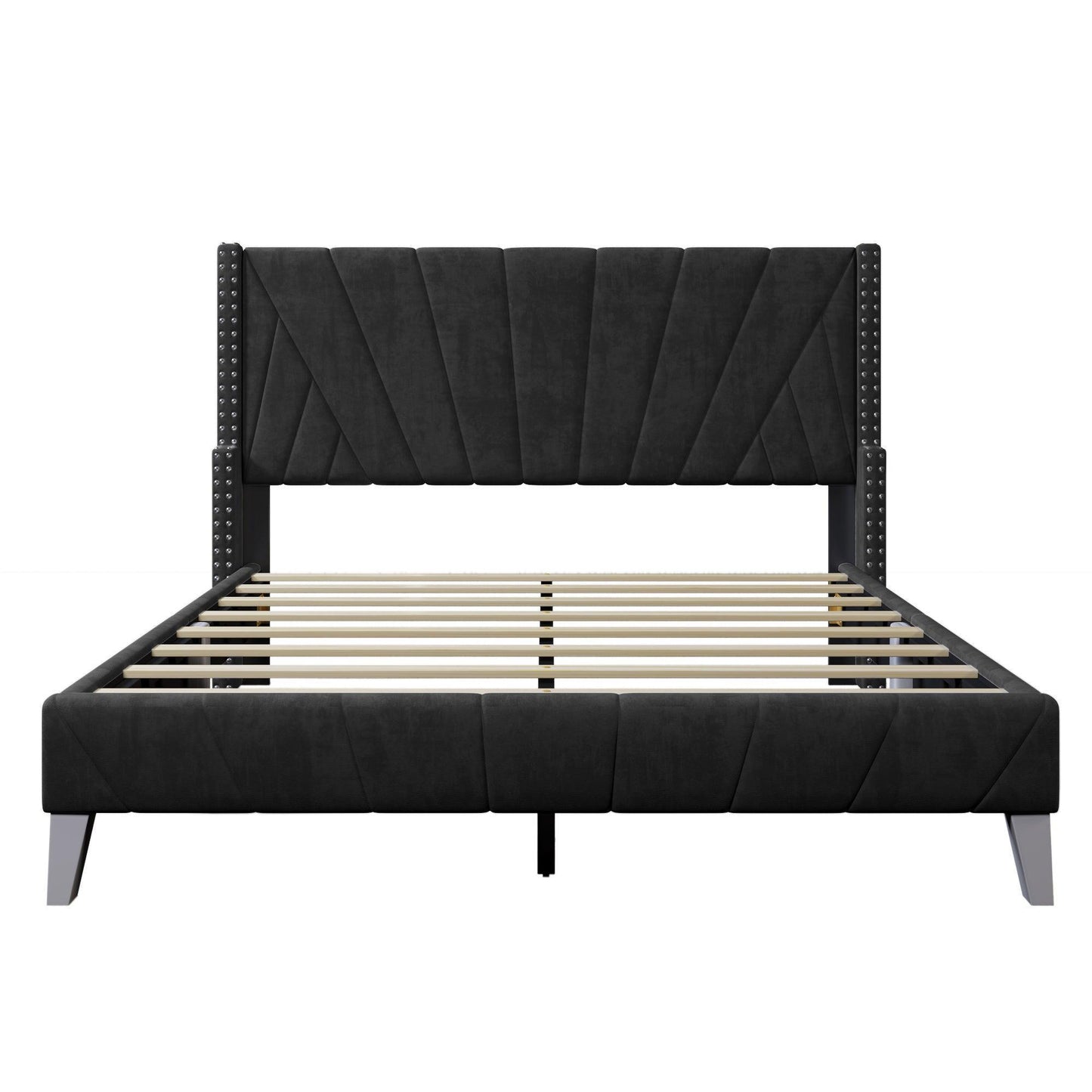 Contemporary Velvet Upholstered Bed Frame with Channel Tufting and Nailhead Trim, Queen, Black FredCo