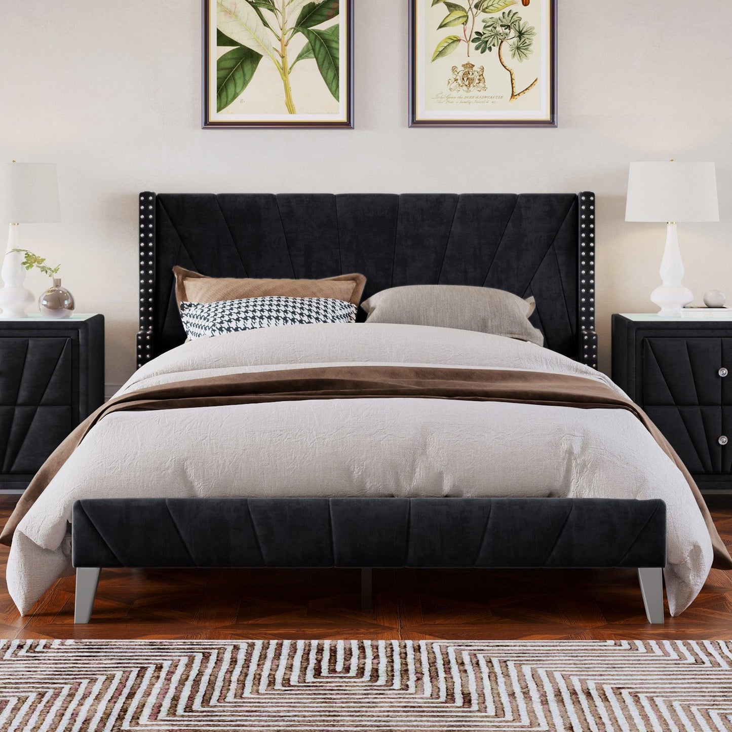 Contemporary Velvet Upholstered Bed Frame with Channel Tufting and Nailhead Trim, Queen, Black FredCo