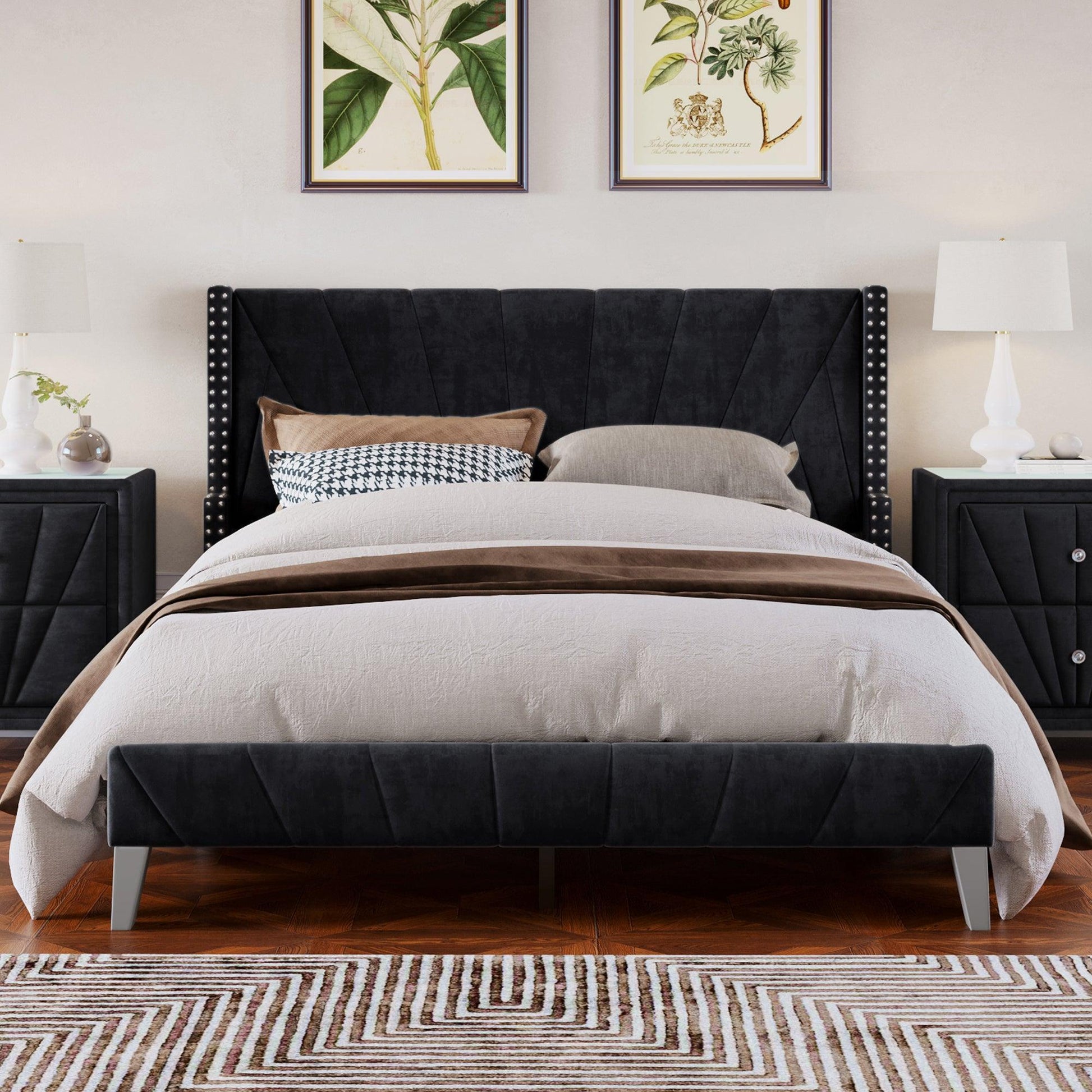 Contemporary Velvet Upholstered Bed Frame with Channel Tufting and Nailhead Trim, Queen, Black FredCo
