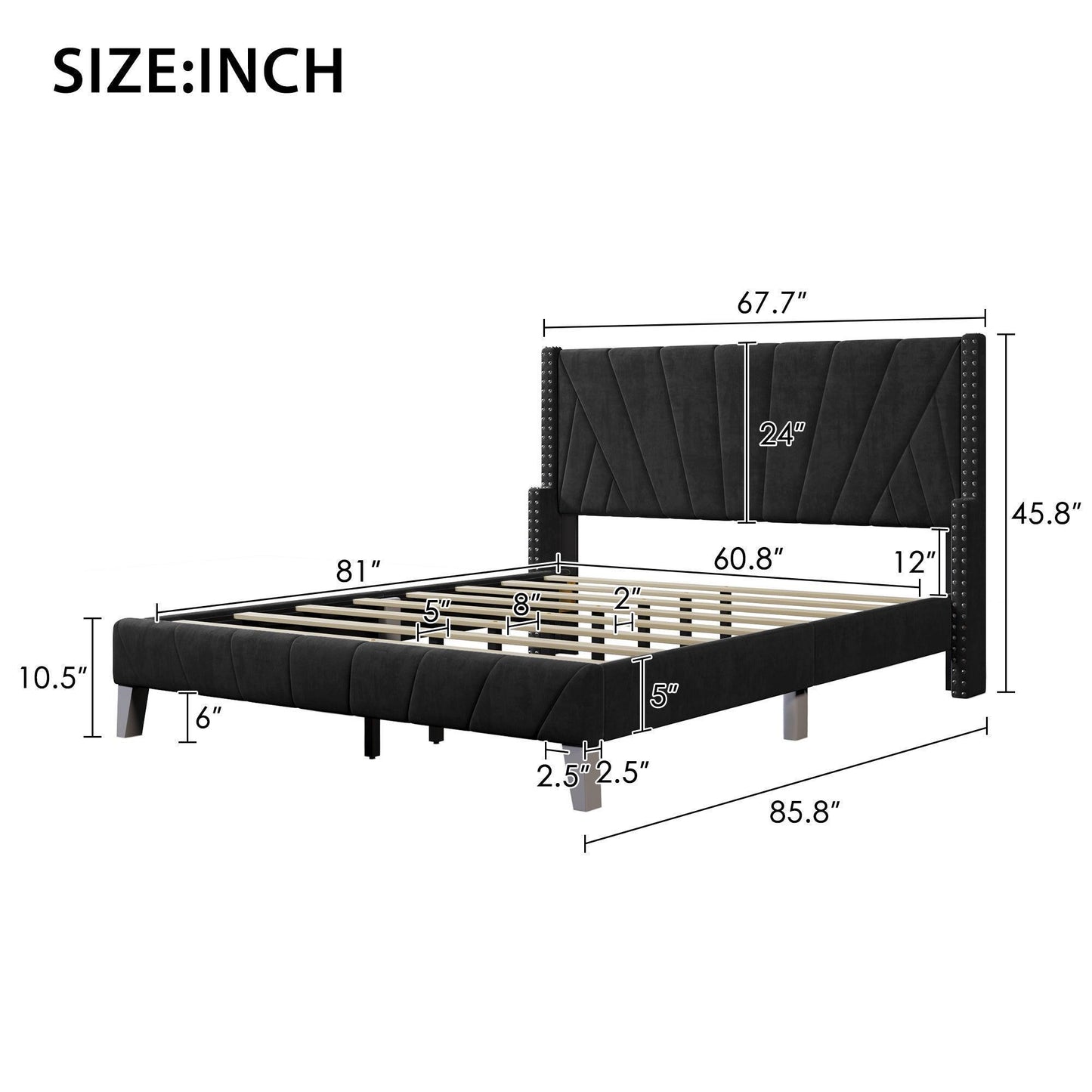 Contemporary Velvet Upholstered Bed Frame with Channel Tufting and Nailhead Trim, Queen, Black FredCo