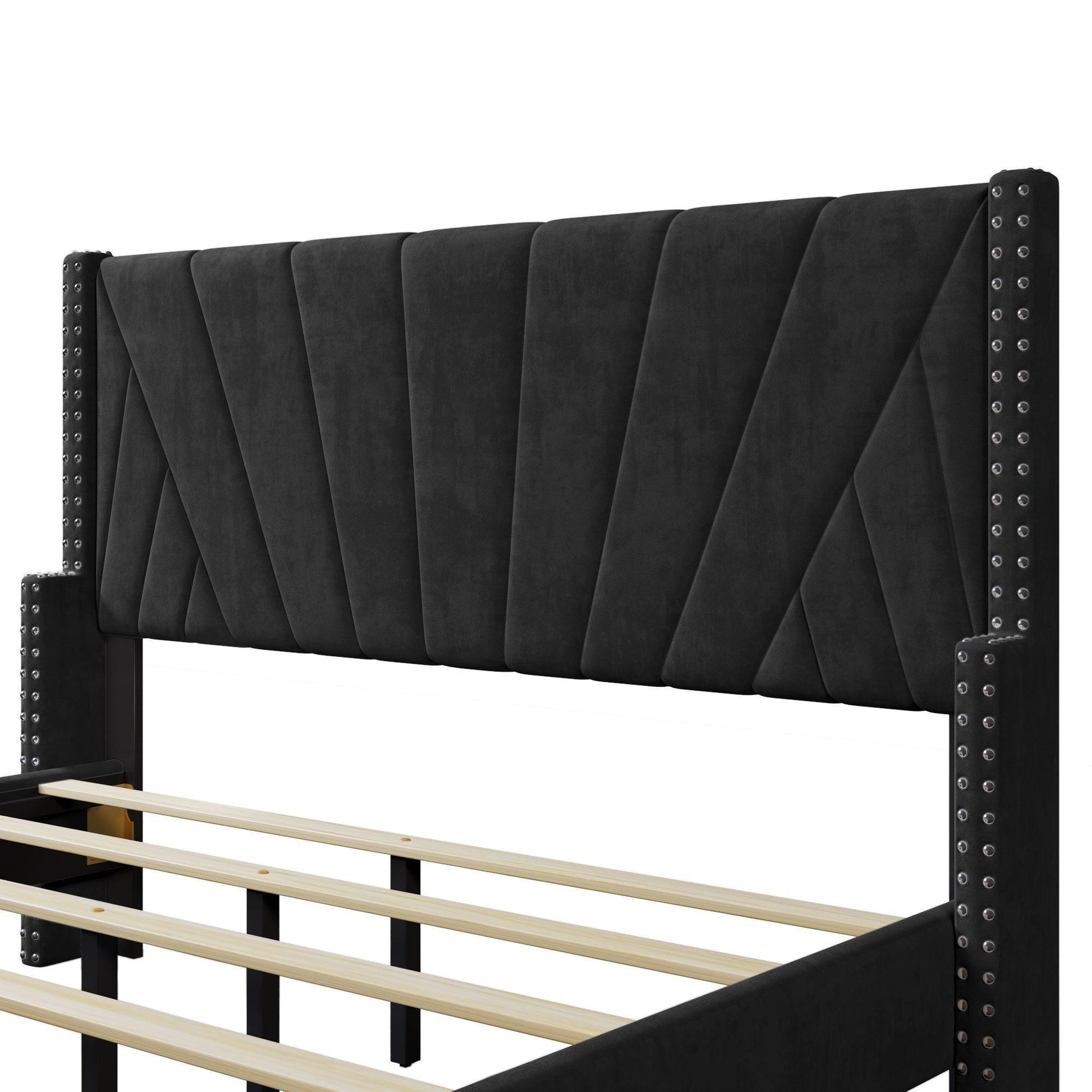 Contemporary Velvet Upholstered Bed Frame with Channel Tufting and Nailhead Trim, Queen, Black FredCo