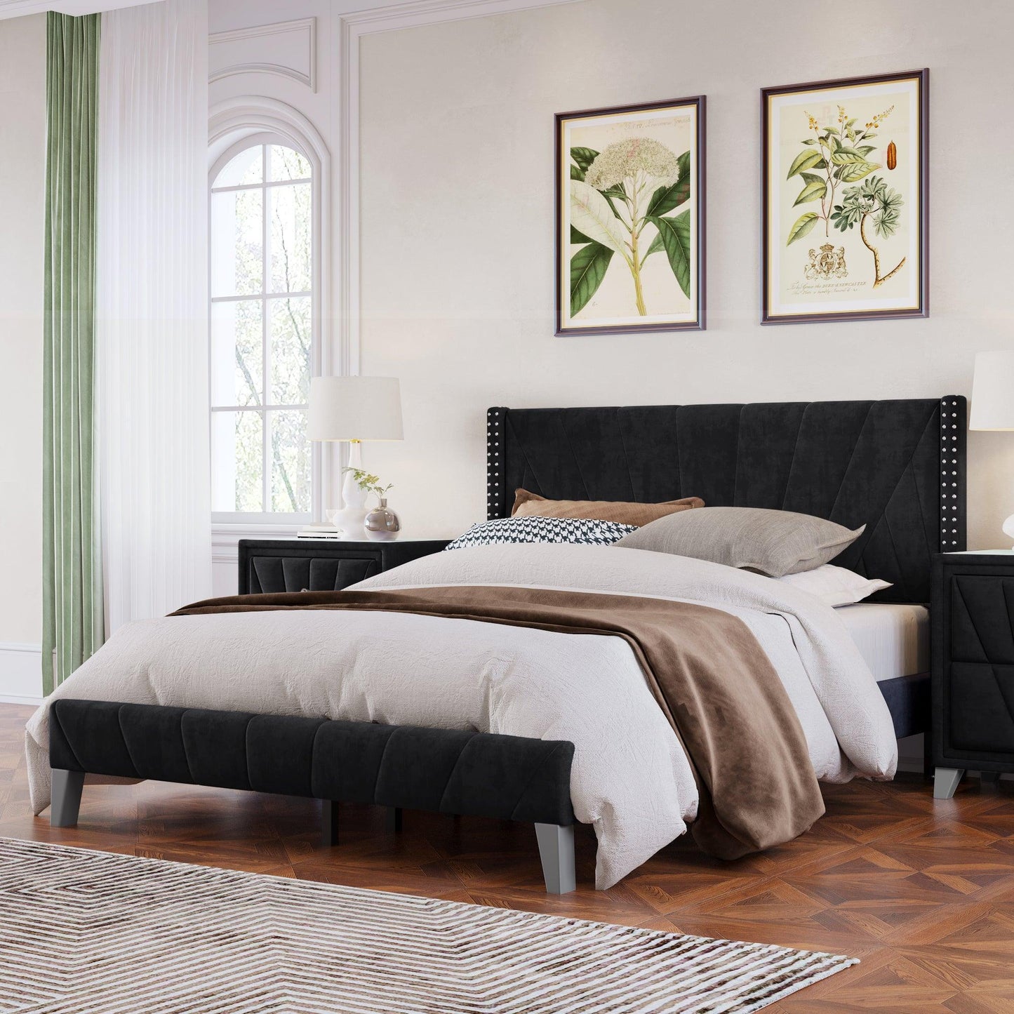 Contemporary Velvet Upholstered Bed Frame with Channel Tufting and Nailhead Trim, Queen, Black FredCo