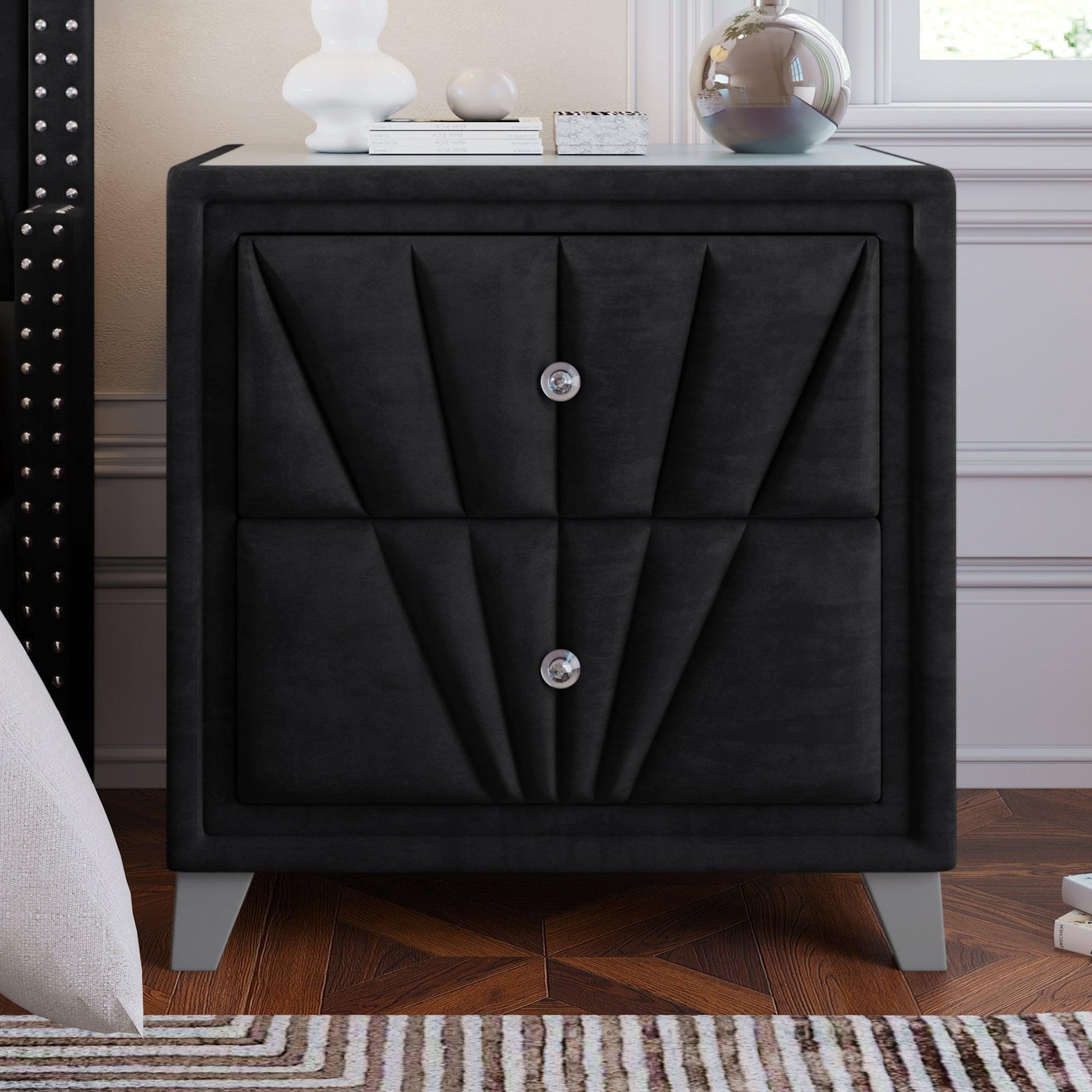 Contemporary Velvet Upholstered Glass Top Nightstand FredCo