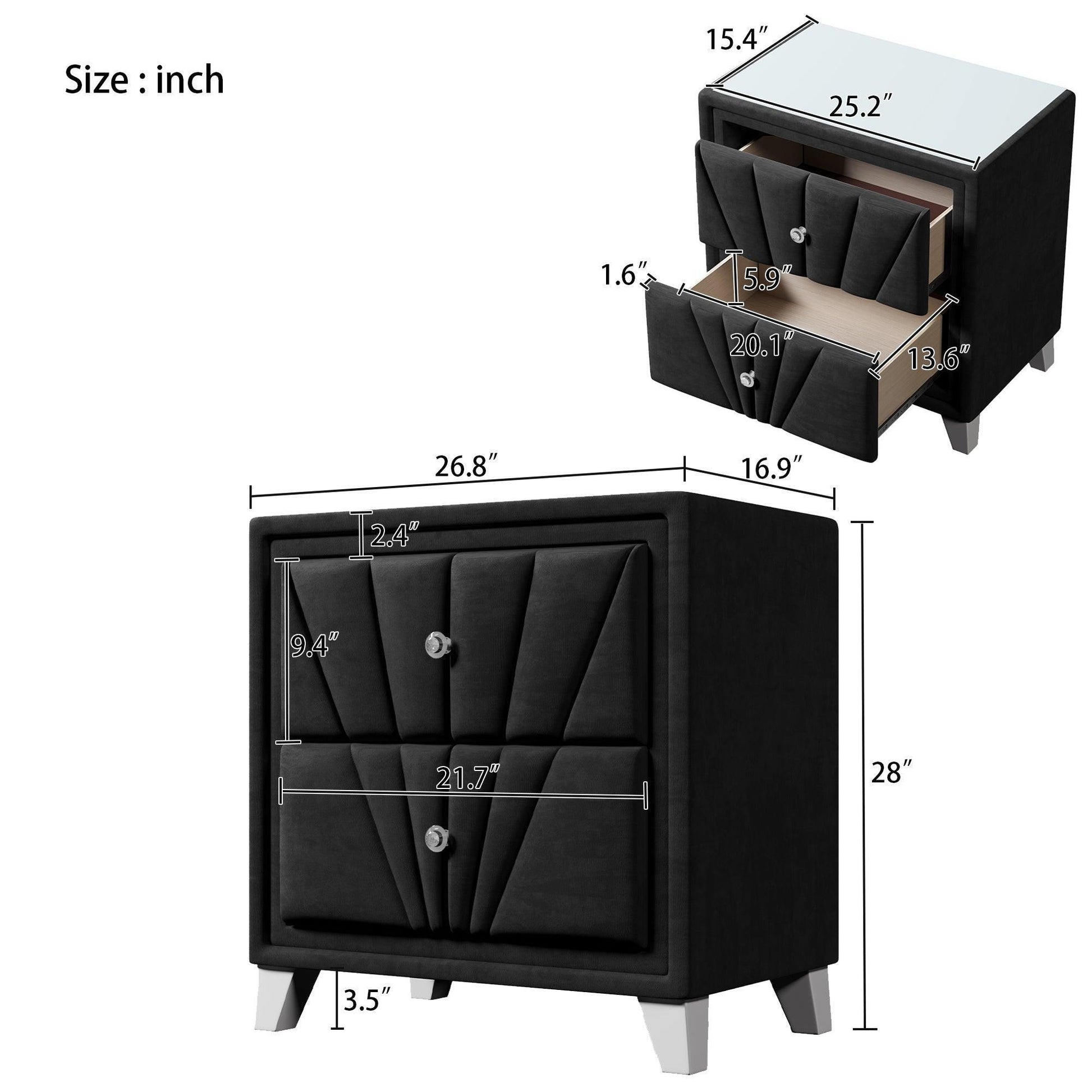 Contemporary Velvet Upholstered Glass Top Nightstand FredCo