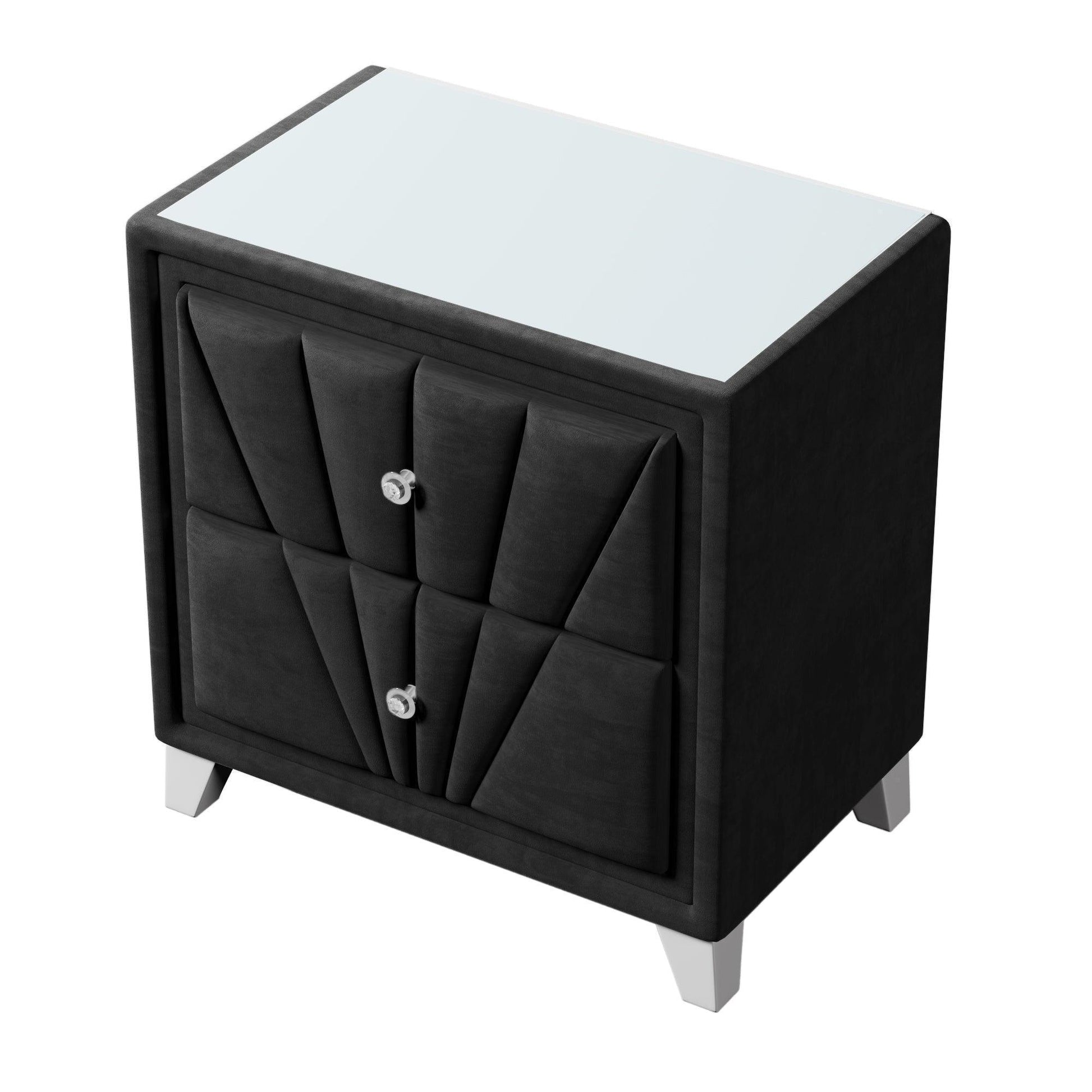 Contemporary Velvet Upholstered Glass Top Nightstand FredCo