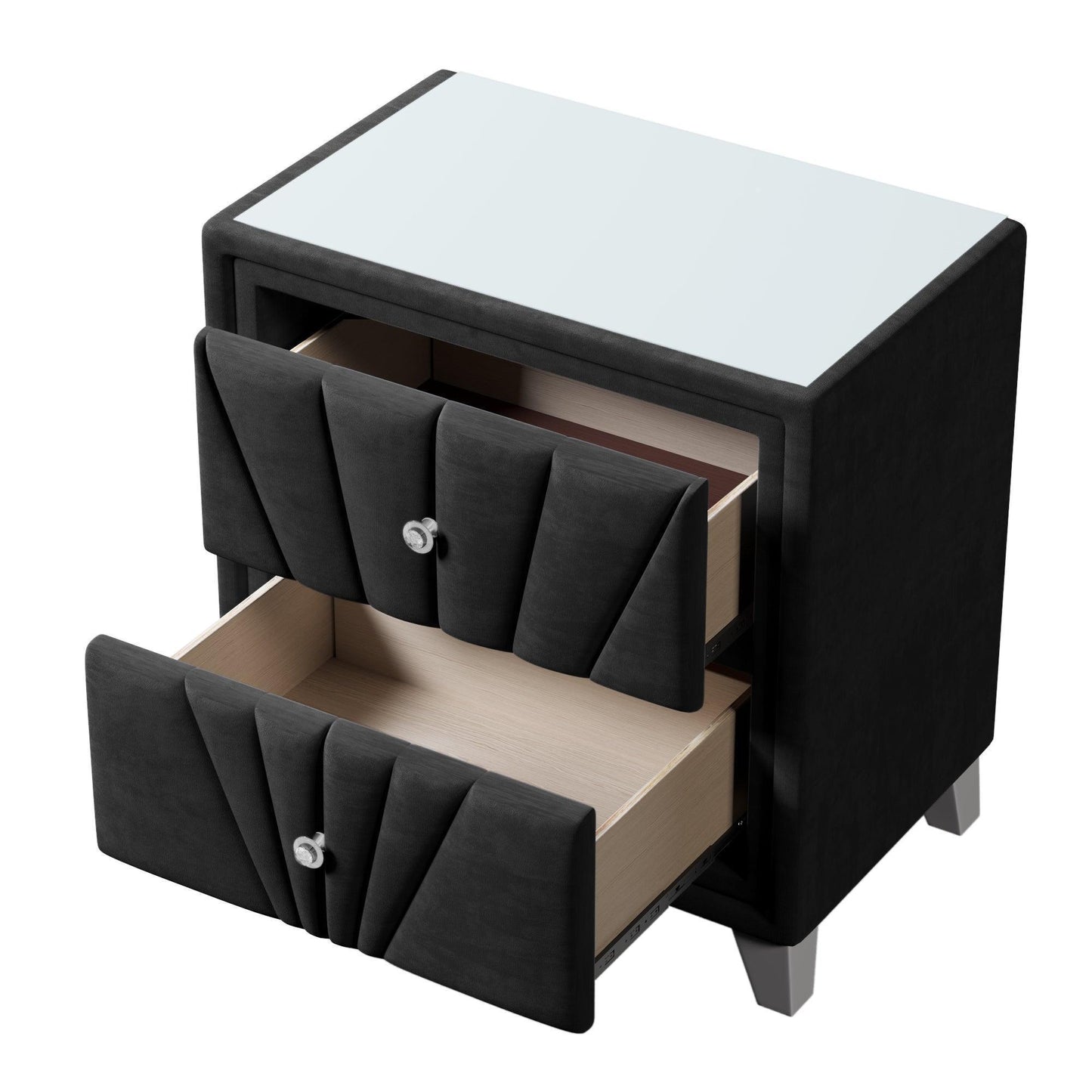 Contemporary Velvet Upholstered Glass Top Nightstand FredCo