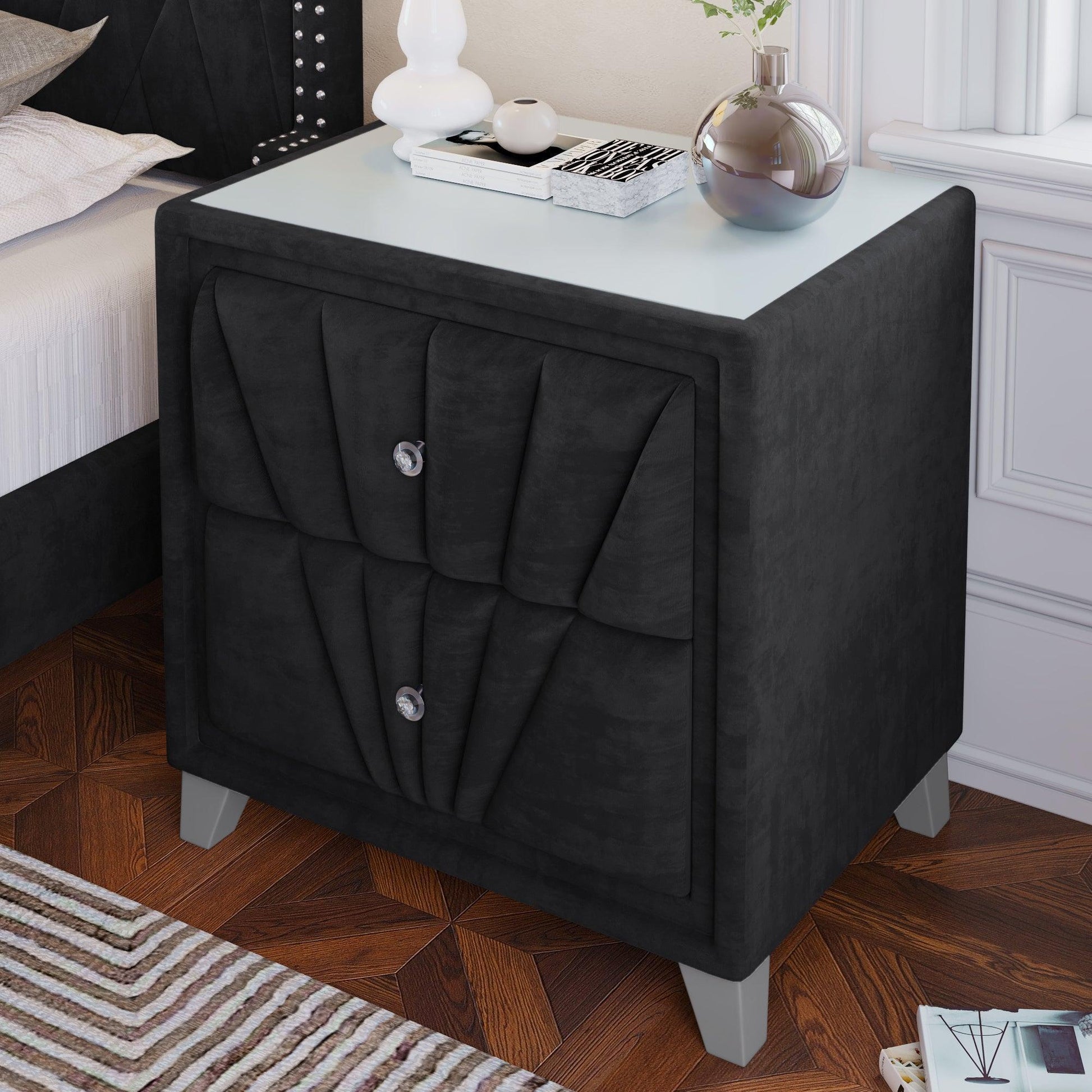 Contemporary Velvet Upholstered Glass Top Nightstand FredCo