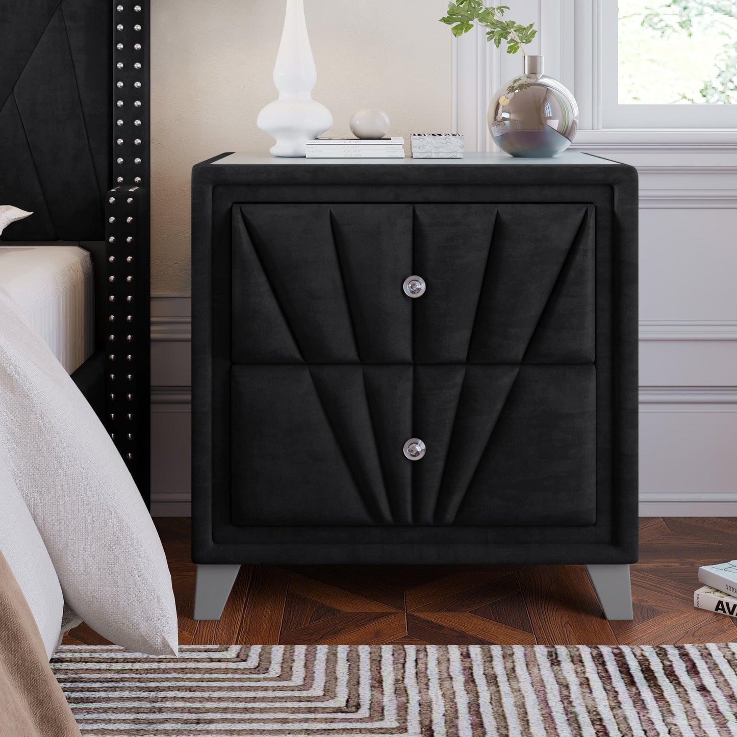Contemporary Velvet Upholstered Glass Top Nightstand FredCo