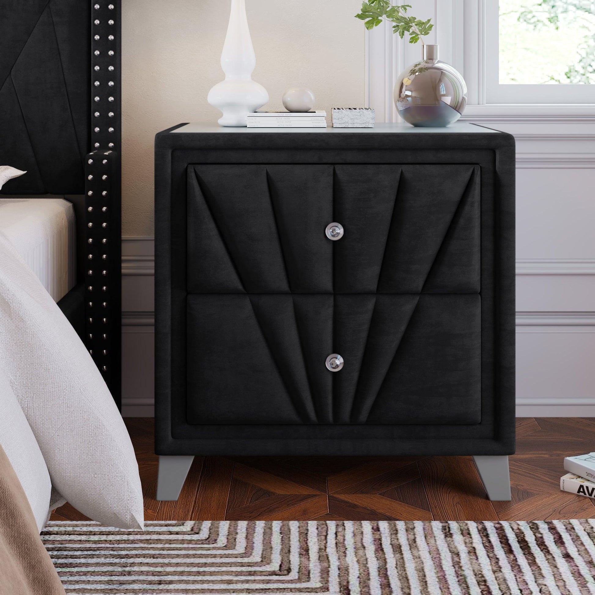 Contemporary Velvet Upholstered Glass Top Nightstand FredCo