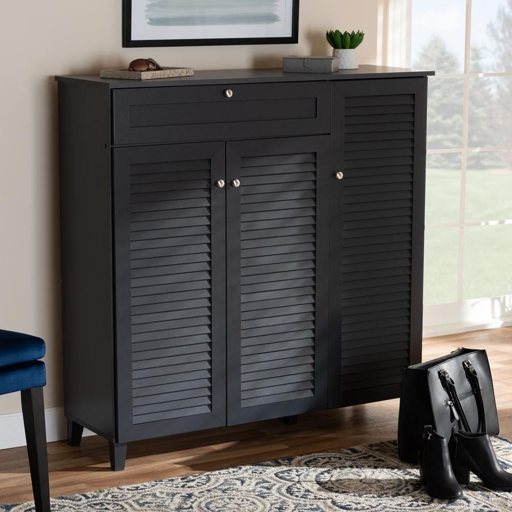 Coolidge Modern and Contemporary Dark Grey Finished 11-Shelf Wood Shoe Storage Cabinet with Drawer FredCo