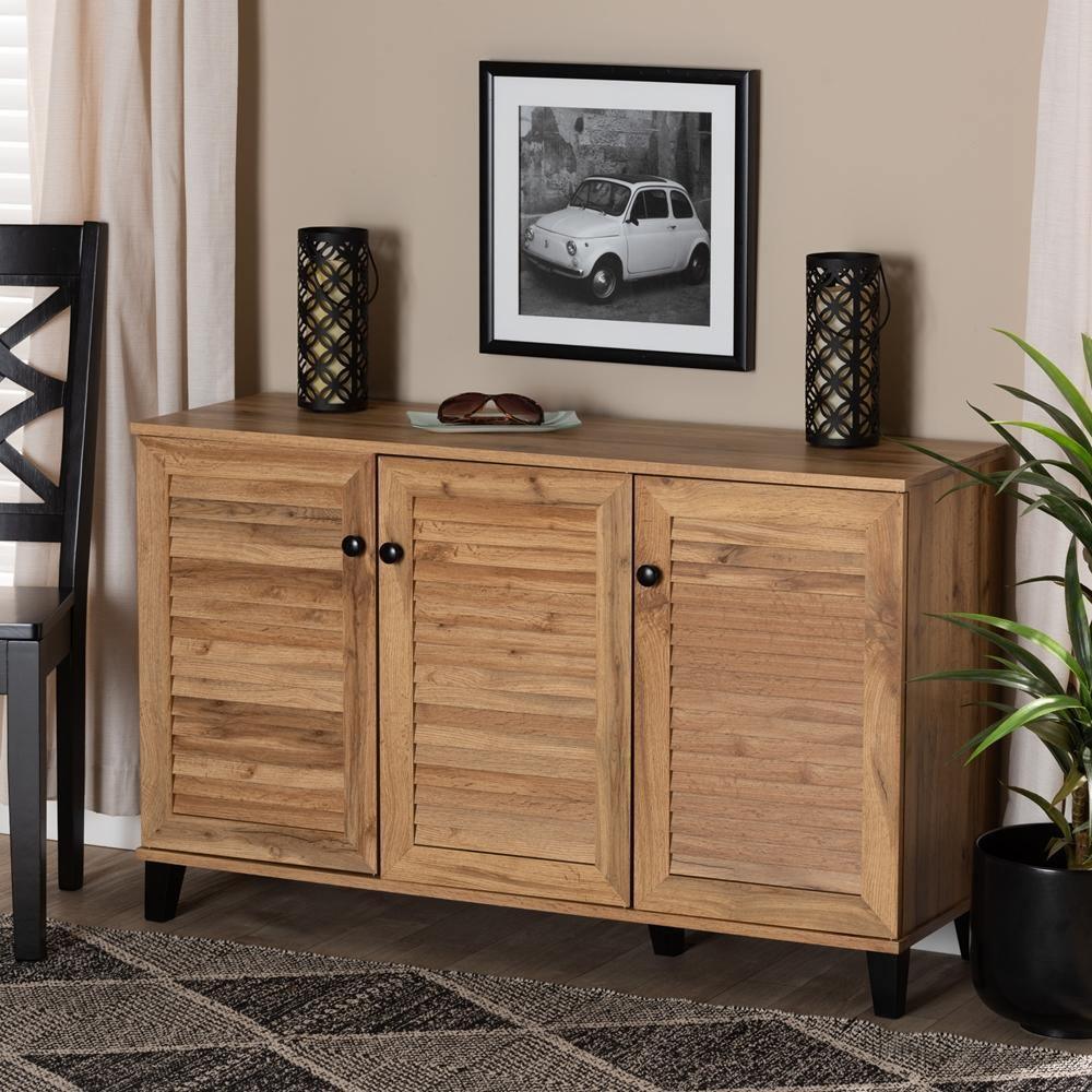 Coolidge Modern and Contemporary Oak Brown Finished Wood 3-Door Shoe Storage Cabinet FredCo