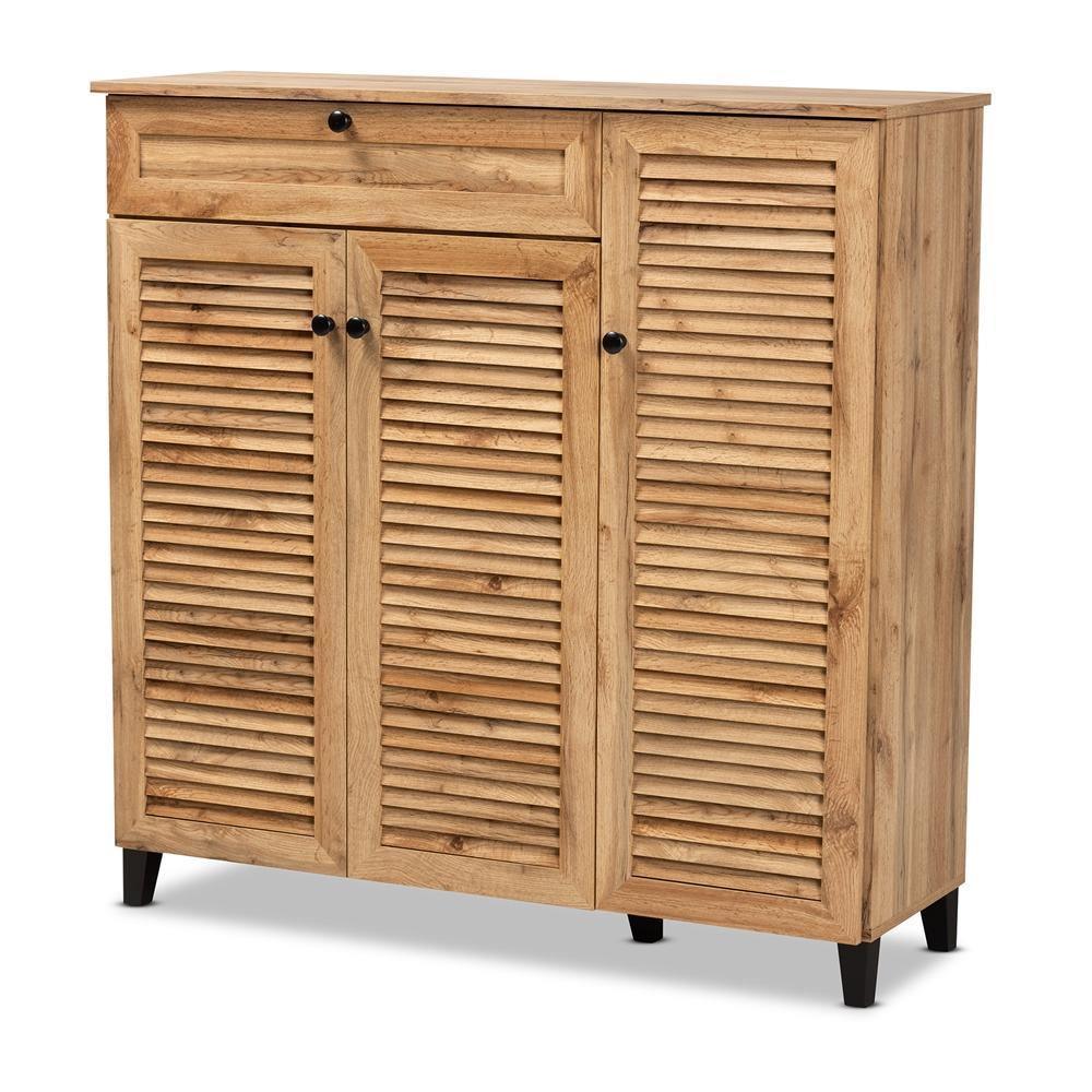 Coolidge Modern and Contemporary Oak Brown Finished Wood 3-Door Shoe Storage Cabinet with Drawer FredCo