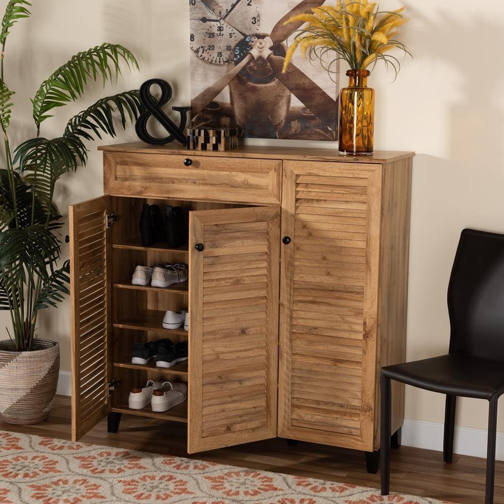 Coolidge Modern and Contemporary Oak Brown Finished Wood 3-Door Shoe Storage Cabinet with Drawer FredCo