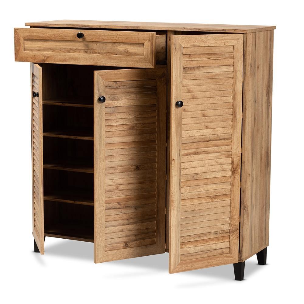 Coolidge Modern and Contemporary Oak Brown Finished Wood 3-Door Shoe Storage Cabinet with Drawer FredCo