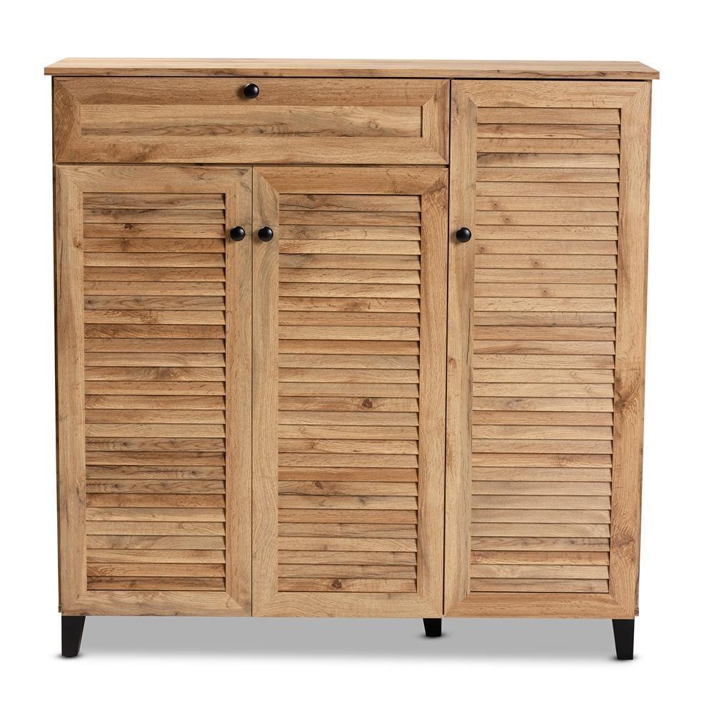 Coolidge Modern and Contemporary Oak Brown Finished Wood 3-Door Shoe Storage Cabinet with Drawer FredCo