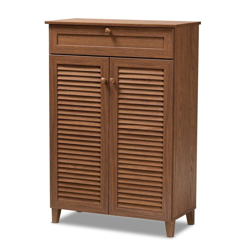 Coolidge Modern and Contemporary Walnut Finished 5-Shelf Wood Shoe Storage Cabinet with Drawer FredCo