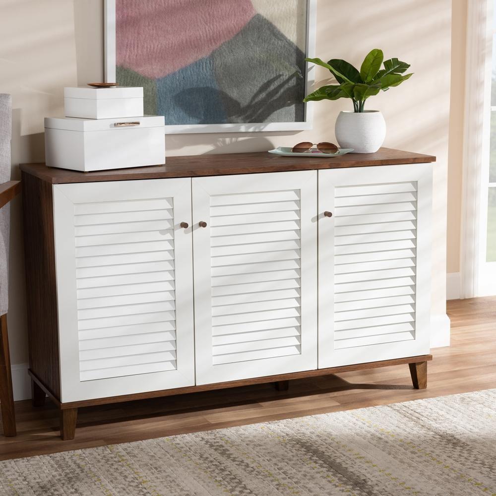 Coolidge Modern and Contemporary Walnut Finished 8-Shelf Wood Shoe Storage Cabinet FredCo