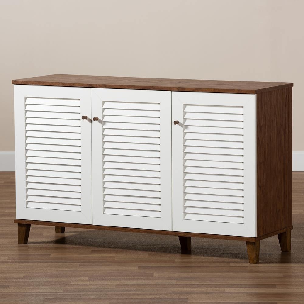 Coolidge Modern and Contemporary Walnut Finished 8-Shelf Wood Shoe Storage Cabinet FredCo