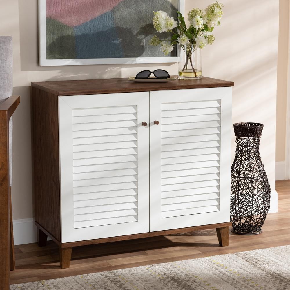 Coolidge Modern and Contemporary White and Walnut Finished 4-Shelf Wood Shoe Storage Cabinet FredCo