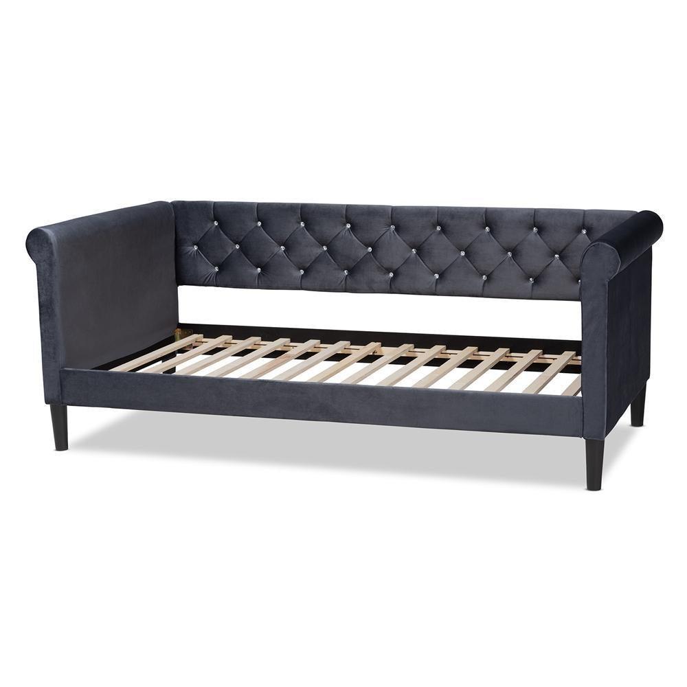 Cora Modern and Contemporary Grey Velvet Fabric Upholstered and Dark Brown Finished Wood Twin Size Daybed FredCo