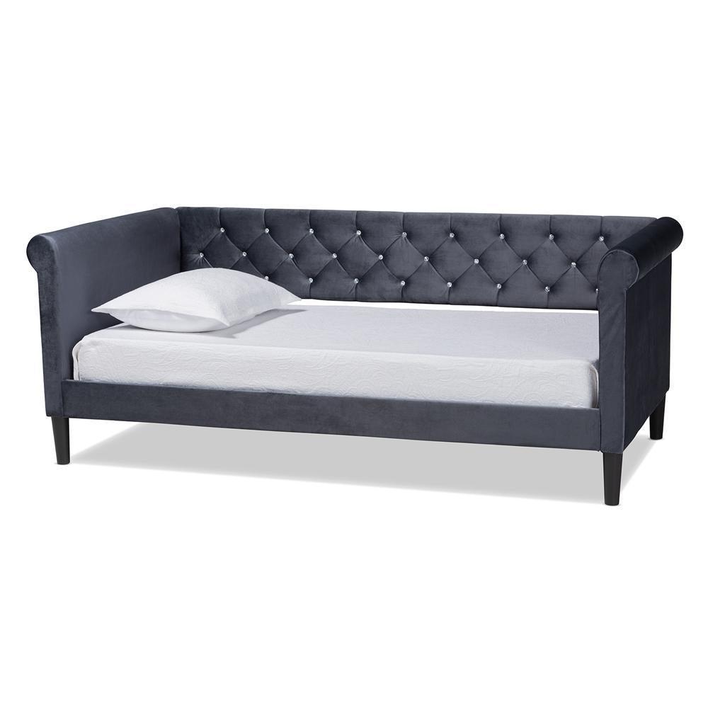 Cora Modern and Contemporary Grey Velvet Fabric Upholstered and Dark Brown Finished Wood Twin Size Daybed FredCo
