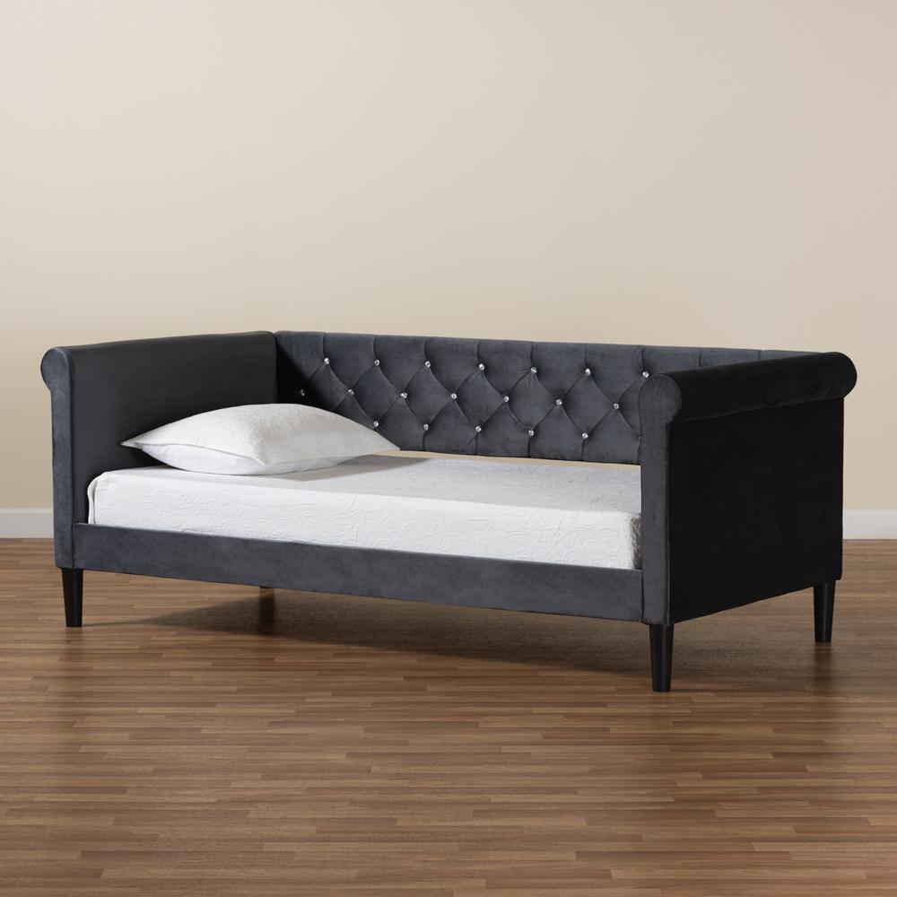 Cora Modern and Contemporary Grey Velvet Fabric Upholstered and Dark Brown Finished Wood Twin Size Daybed FredCo