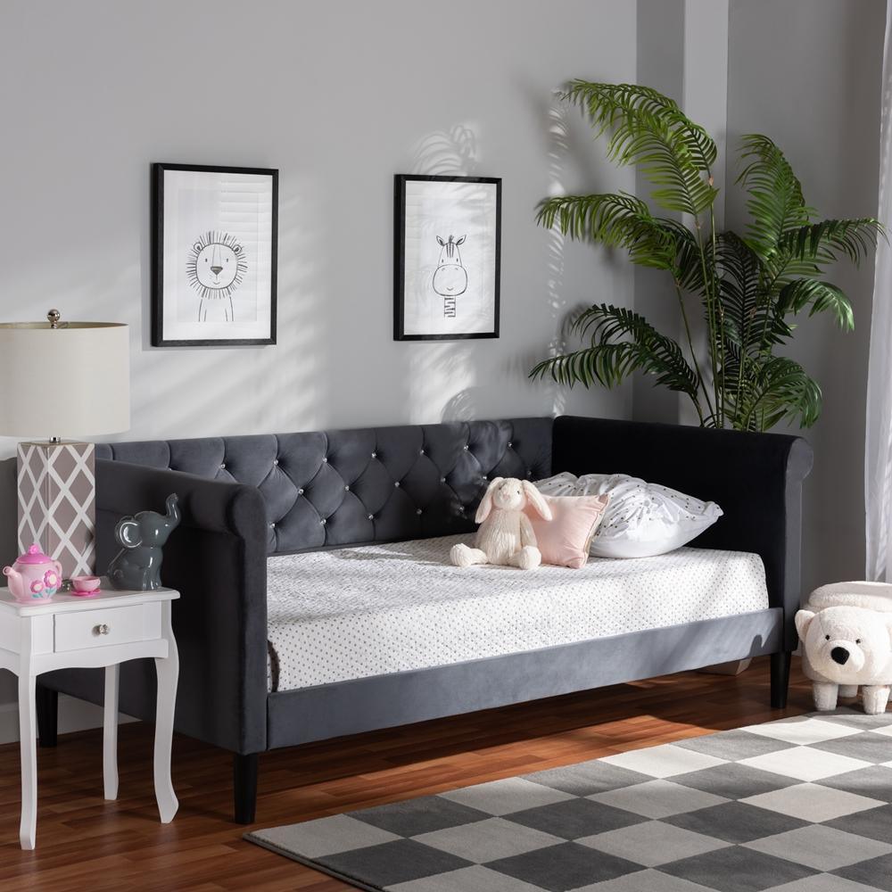 Cora Modern and Contemporary Grey Velvet Fabric Upholstered and Dark Brown Finished Wood Twin Size Daybed FredCo