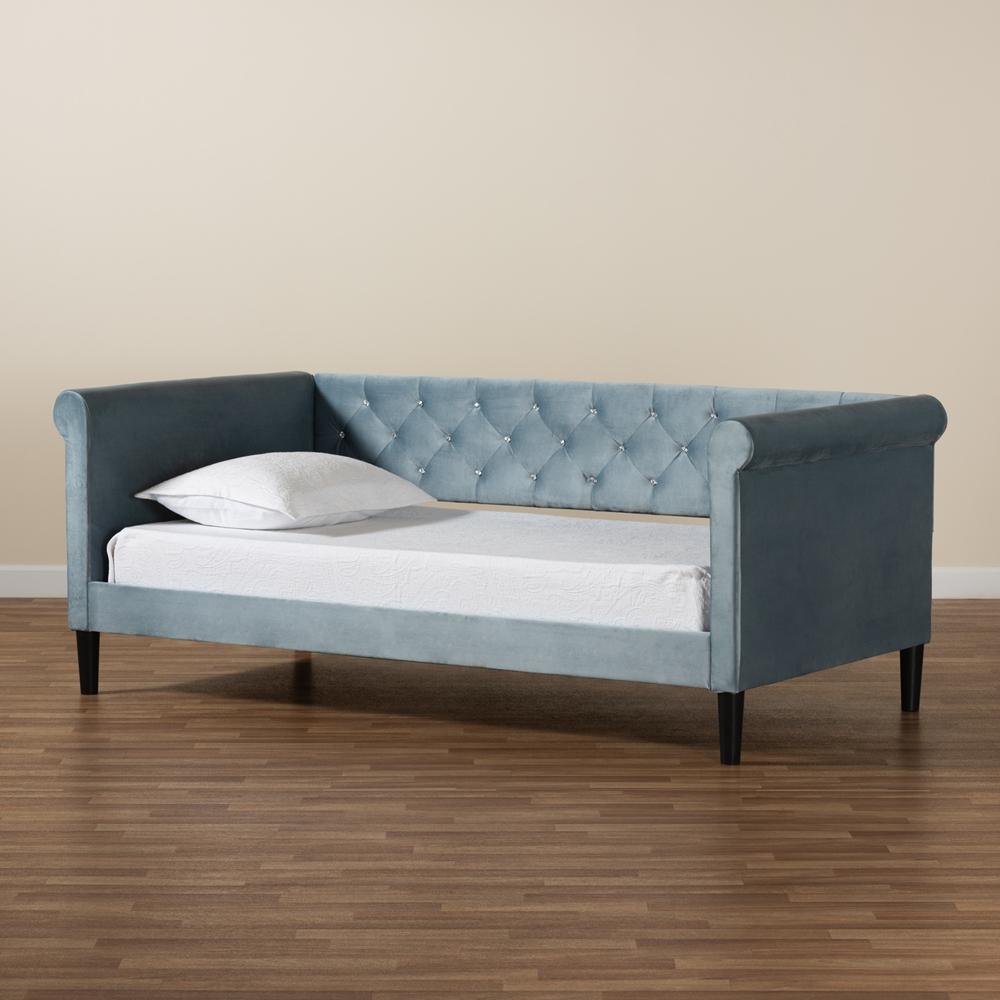 Cora Modern and Contemporary Light Blue Velvet Fabric Upholstered and Dark Brown Finished Wood Twin Size Daybed FredCo