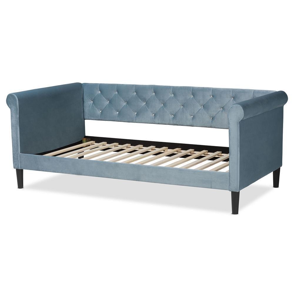 Cora Modern and Contemporary Light Blue Velvet Fabric Upholstered and Dark Brown Finished Wood Twin Size Daybed FredCo
