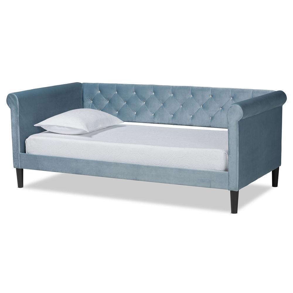 Cora Modern and Contemporary Light Blue Velvet Fabric Upholstered and Dark Brown Finished Wood Twin Size Daybed FredCo